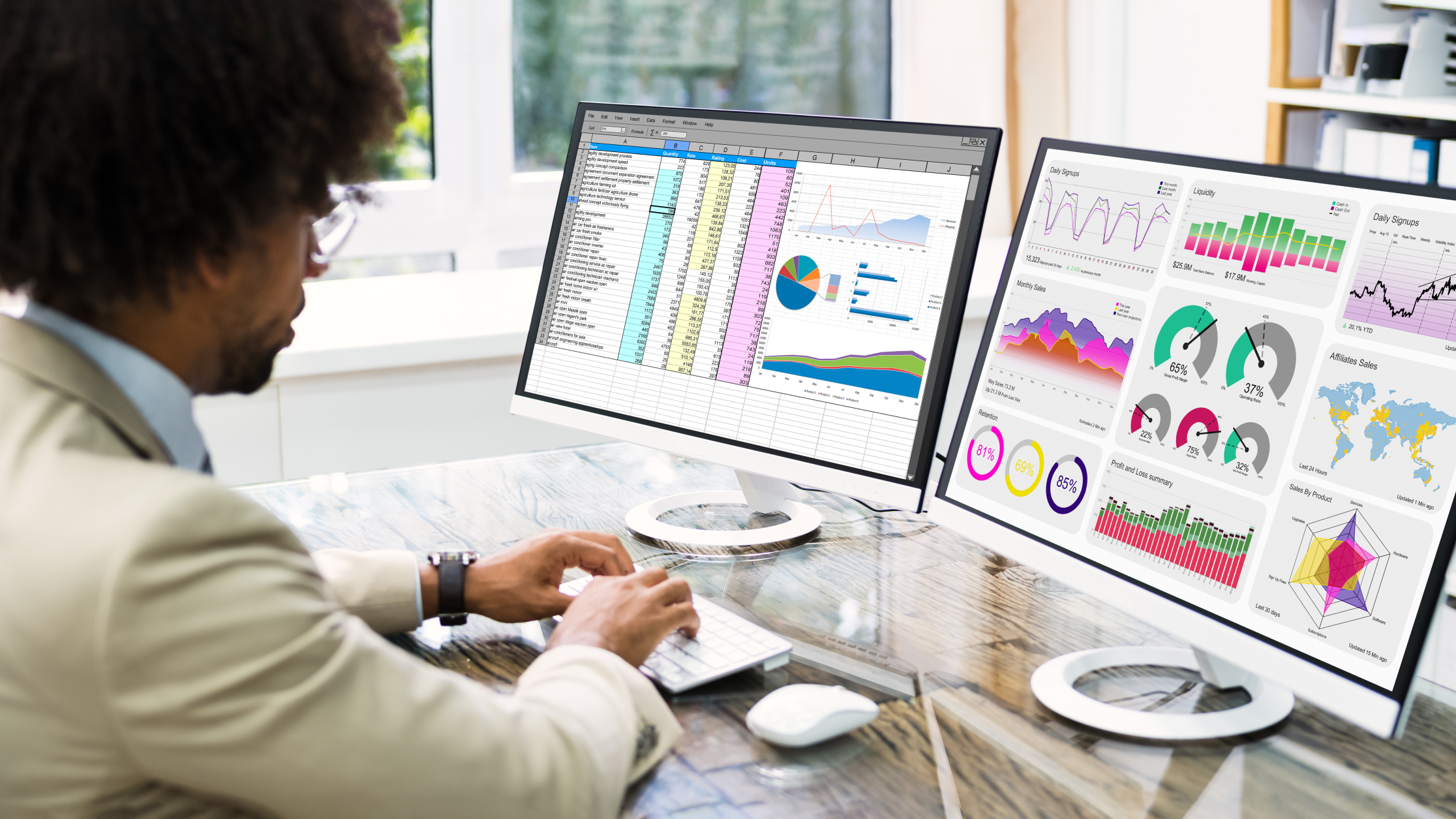 Man looking at data analytics on two screens 